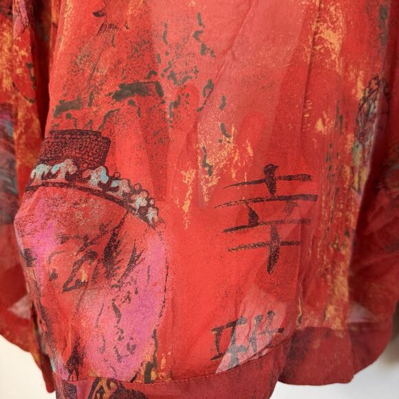 Chicos Womens Sz 1 M/8 Red Silk Asian Lantern Kimono Open Tie Front Blouse Top - Picture 8 of 12